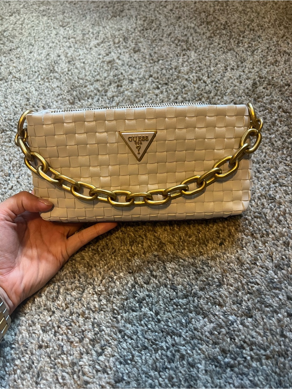 GUESS Cream Woven Clutch or crossbody with Gold Chain